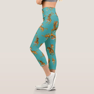 Leggings Capri Tiger sur Motif Turquoise