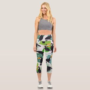 Leggings Capri Toucan Bird : Palm Feuille Motif