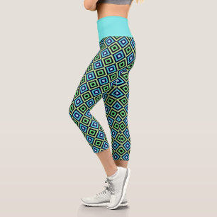 Leggings Capri Tourquoise Blue Green Black Diamond Motif Sports