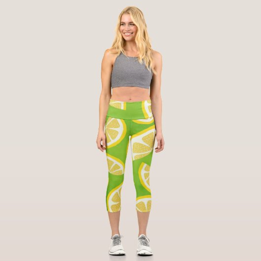 Leggings Capri Tranches de citron sur Arrière - plan vert citron (Recto)