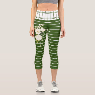 Leggings Capri Trendy Green White Stripes White Floral Pattern