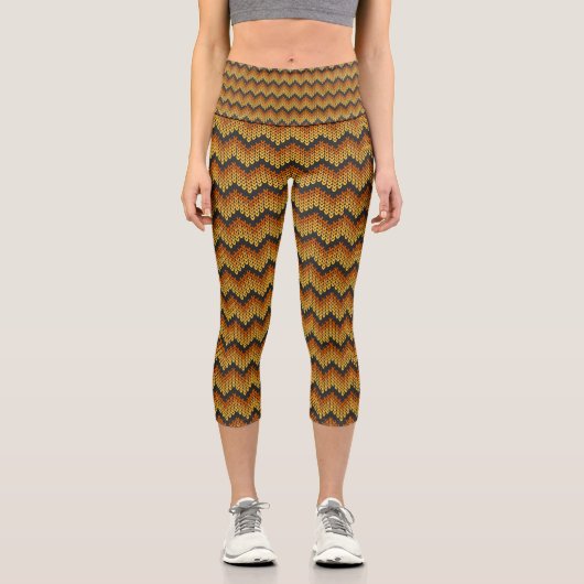 Leggings Capri Tricot Zigzag Motif Brown Jaune Doré Noir (Recto)
