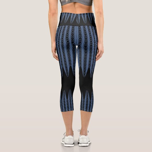 Leggings Capri Trippy Black and Blue Wavy Stripes Abstrait Cool (Verso)