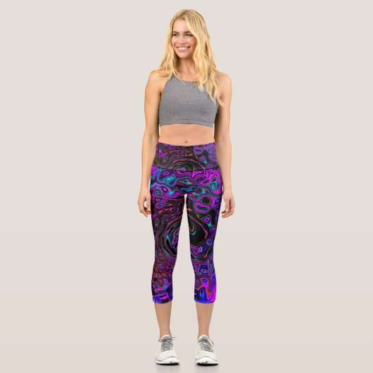 Leggings Capri Trippy Black et Magenta Retro Liquid Swirl (Recto)