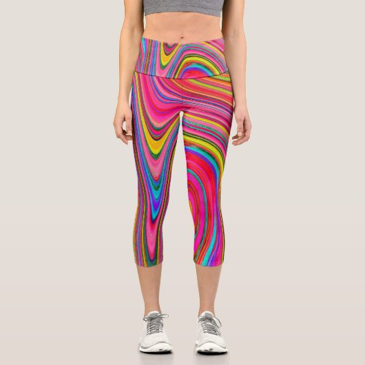Leggings Capri Trippy Jaune, Rouge et Bleu Art Super Abstrait (Recto)