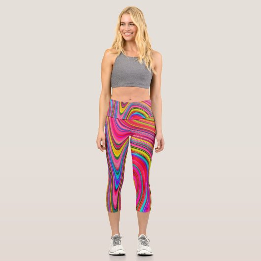 Leggings Capri Trippy Jaune, Rouge et Bleu Art Super Abstrait (Recto)