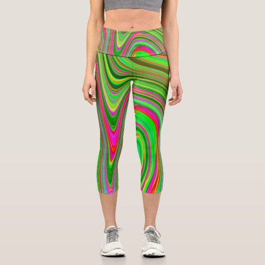 Leggings Capri Trippy Lime Green et Magenta Super Art Abstrait (Recto)