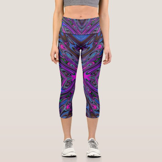 Leggings Capri Trippy Magenta, Bleu et Vert Papillon Abstrait (Recto)