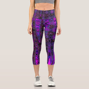 Leggings Capri Trippy violet et noir rétro ondes atomiques