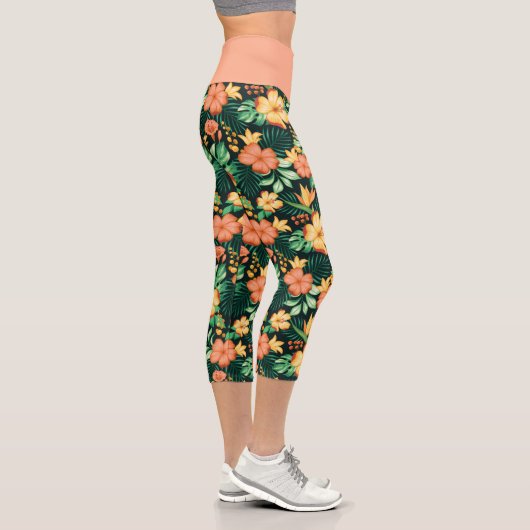 Leggings Capri Tropical Orange Et Fleurs Vertes Motif Floral (Droite)