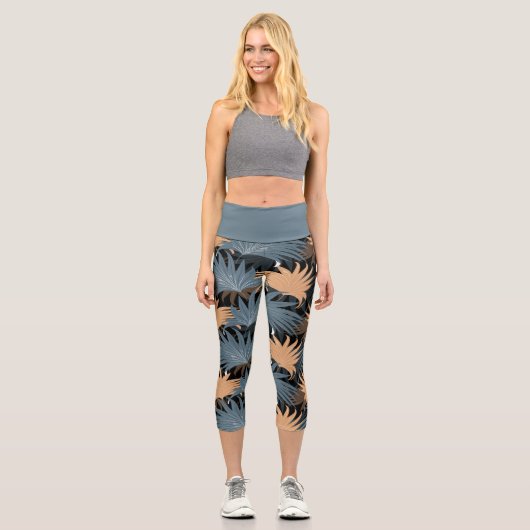 Leggings Capri Tropical Palm Feuille Grey Foliage Yoga Exercice (Recto)