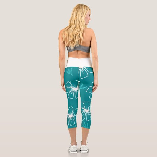 Leggings Capri Turquoise avec des fleurs transparentes blanches (Verso)