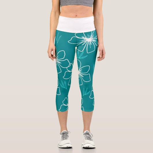 Leggings Capri Turquoise avec des fleurs transparentes blanches (Recto)