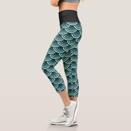 Leggings Capri Turquoise Blue Green Wave Circles Art Motif (Gauche)