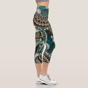 Leggings Capri Turquoise Brown Vintage Paisley Nouveau