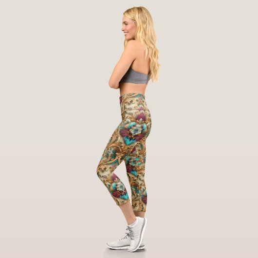 Leggings Capri Turquoise et or Damassé orné (Gauche)