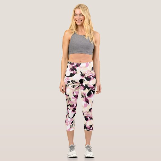 Leggings Capri Vagues Abstraites de couleur noire rose (Recto)