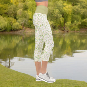 Leggings Capri Vert Jaune Nature Fern Feuille Motif sur blanc
