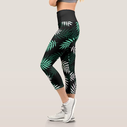 Leggings Capri Vert noir blanc Tropical Palm Feuille Motif (Gauche)