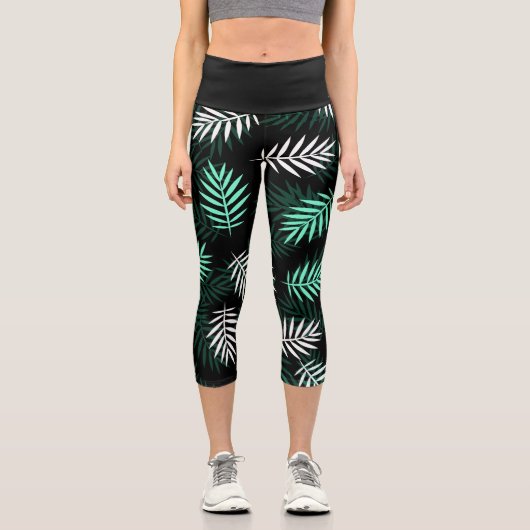 Leggings Capri Vert noir blanc Tropical Palm Feuille Motif (Recto)
