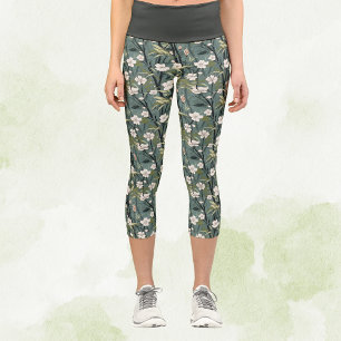 Leggings Capri Vert sauge Chinoiserie Floral Blanc Or Tropical