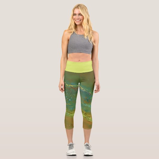 Leggings Capri Vert terrestre, ondulé, fond bronzé (Recto)