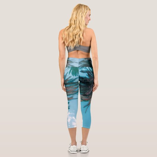 Leggings Capri Vibes d'été Palm Tree Feuilles Pale Green (Verso)
