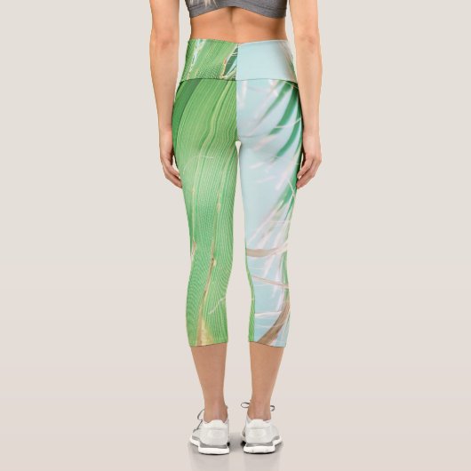 Leggings Capri Vibes d'été Palm Tree Feuilles Pale Green (Verso)