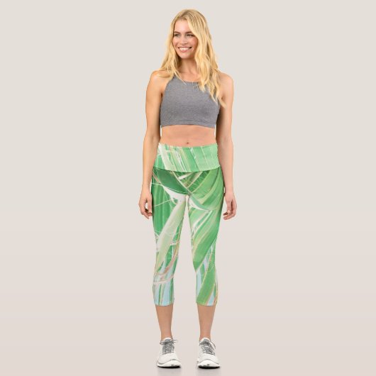 Leggings Capri Vibes d'été Palm Tree Feuilles Pale Green (Recto)