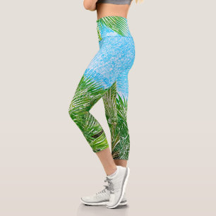 Leggings Capri Vibes d'été Palm Tree Feuilles Pale Green