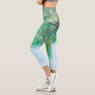 Leggings Capri Vibes d'été Palm Tree Feuilles Pale Green