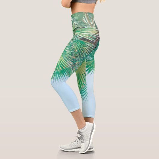 Leggings Capri Vibes d'été Palm Tree Feuilles Pale Green (Gauche)