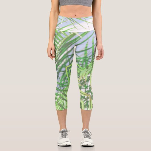 Leggings Capri Vibes d'été Palm Tree Feuilles Pale Green Pastel (Recto)