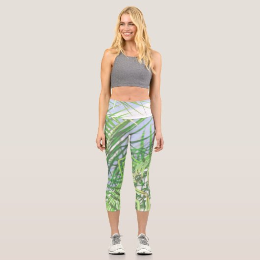 Leggings Capri Vibes d'été Palm Tree Feuilles Pale Green Pastel (Recto)