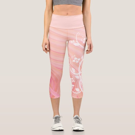 Leggings Capri Vins et fleurs sur la pêche et les spirales roses (Recto)
