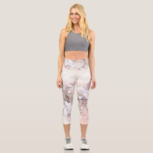 Leggings Capri Vintage blanc cerisier rose en fleur dessin minima