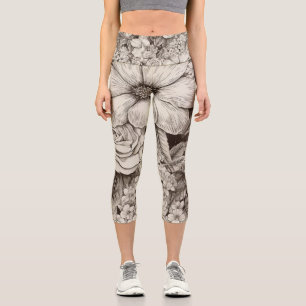 Leggings Capri Vintage Floral Sepia Motif (1)