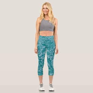 Leggings Capri Vintage Turquoise Vert Floral Motif botanique