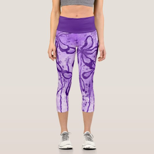 Leggings Capri Violet de fleurs encrées Abstraites (Recto)