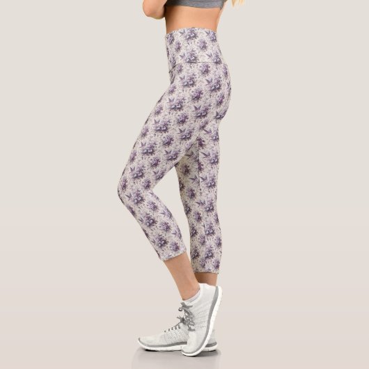 Leggings Capri Violet Toile Français Fleurie Birds (Gauche)
