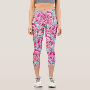 Leggings Capri Watercolor Lush Pink Peonies & Green Teal Leaves