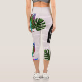 Leggings Capri Whimsical Boho Owl & Tropical Monstera Leaf (Verso)