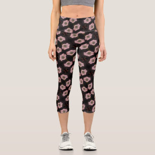 Leggings Capri White Morning Glory Flower Close Up Motif