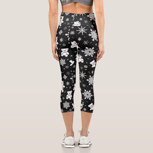 Leggings Capri White Teddy Bear & Snowflake Seamless Pattern (Verso)