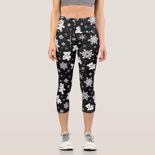 Leggings Capri White Teddy Bear & Snowflake Seamless Pattern (Recto)