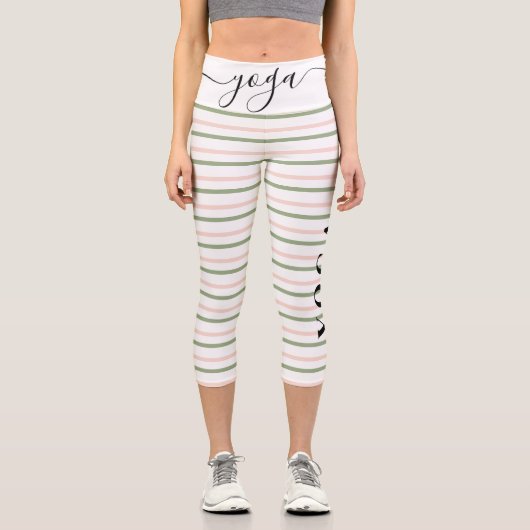 Leggings Capri Yoga Typographie rose et vert rayures (Recto)