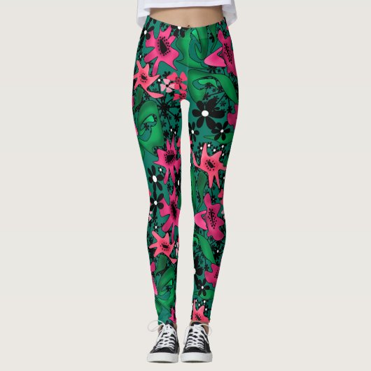 Leggings Caricature abstraite sans couture joli fleurs vert (Devant)