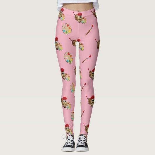 Leggings Caricature de Chouette Peintre Cute (Devant)
