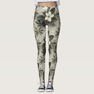 Leggings Carreau botanique de sauge vert plumeria blanc