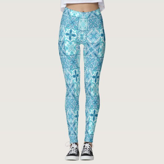 Leggings Carreaux décorés en bleu et blanc (Devant)